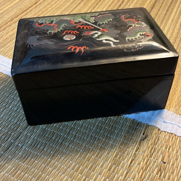 Chinese Inspired Black Wooden Trinket Box w/ Vibrant Hand Painted Dragon Design - Picture 6 of 12
